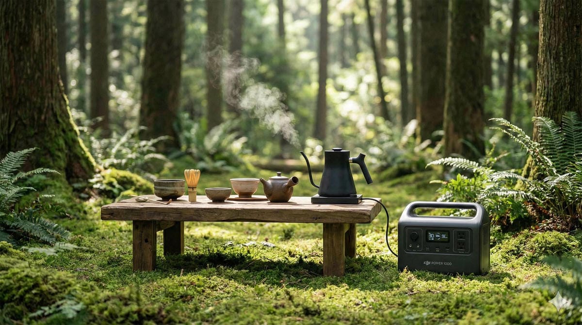 精緻的戶外茶席擺設,一旁放置著 DJI Power 1000 正為電熱茶壺供電,背景為寧靜的山林 (Exquisite outdoor tea ceremony setup, with a DJI Power 1000 powering an electric tea kettle nearby, set against a serene mountain forest).