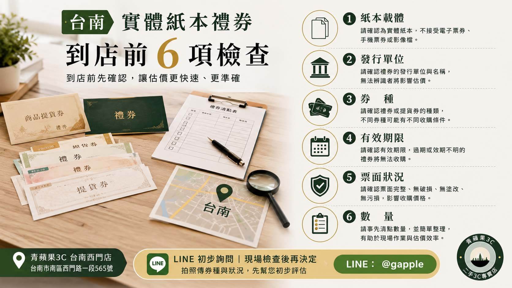 桌面上分類擺放實體紙本禮券、旅遊券與住宿券,旁邊有票面期限及數量檢查表